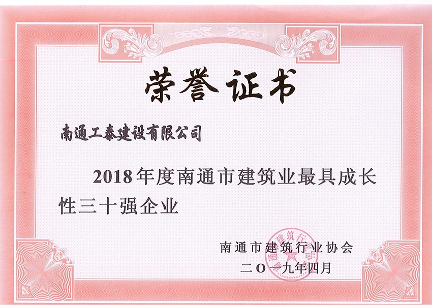 2018年度南通市最具成長(zhǎng)性三十強(qiáng)企業(yè)